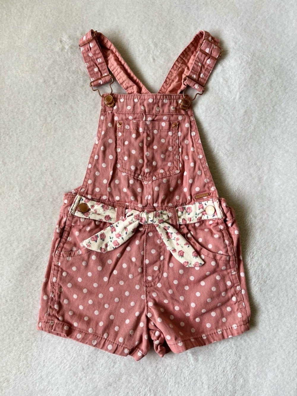 Girls' Pink Polka Dot Short Overalls with Floral Bow